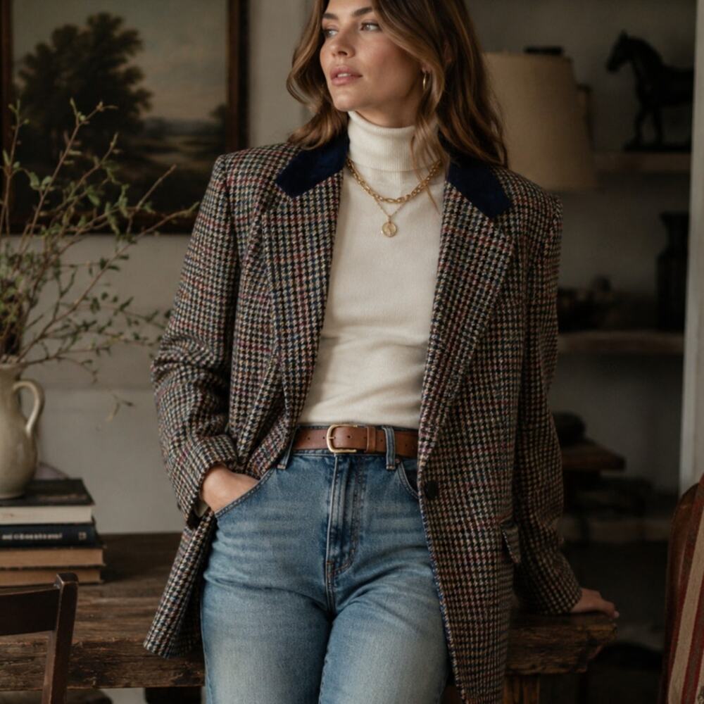 Vintage Plaid Blazer Womens 10 Suede Collar Oversized English Country Jacket